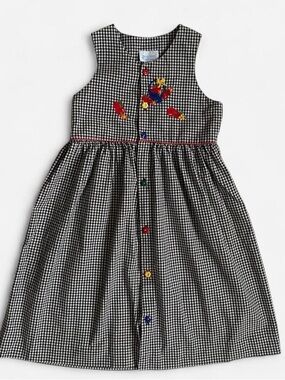 Vintage girls black & white check colorful apple floral sleeveless cotton dress